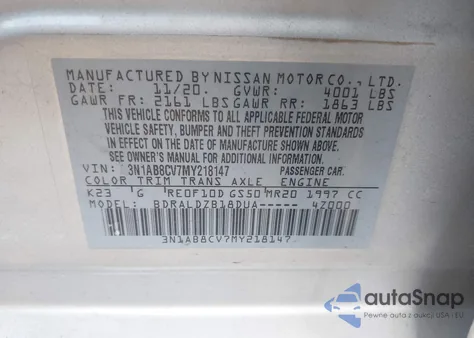 2021 Nissan Sentra Sv Xtronic Cvt from USA, damaged, VIN 3N1AB8CV7MY218147